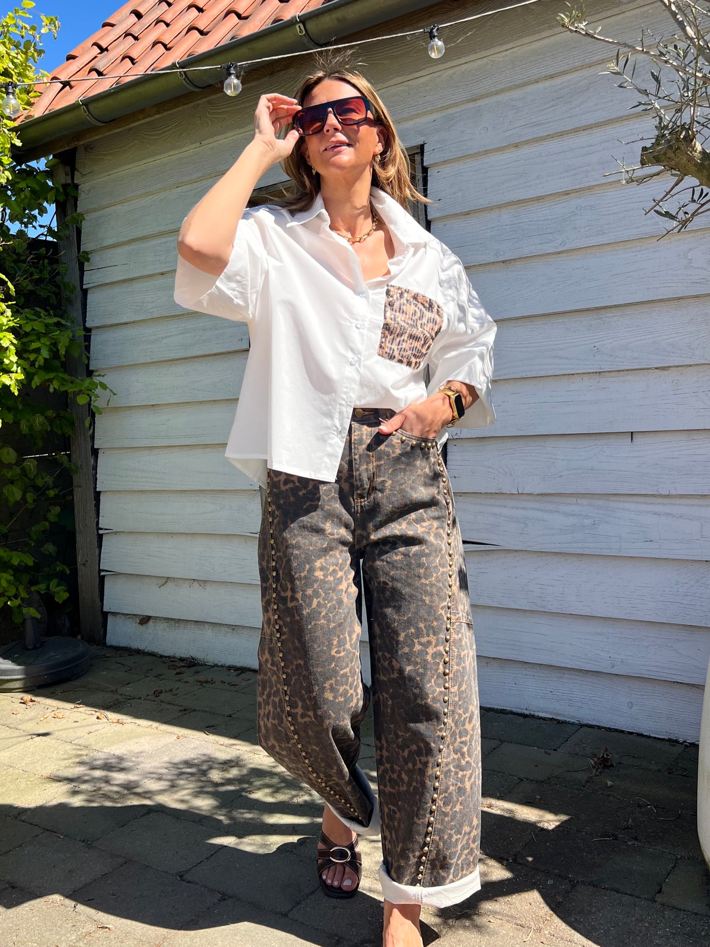 LÉOPARD STUDDED BARREL PANTS
