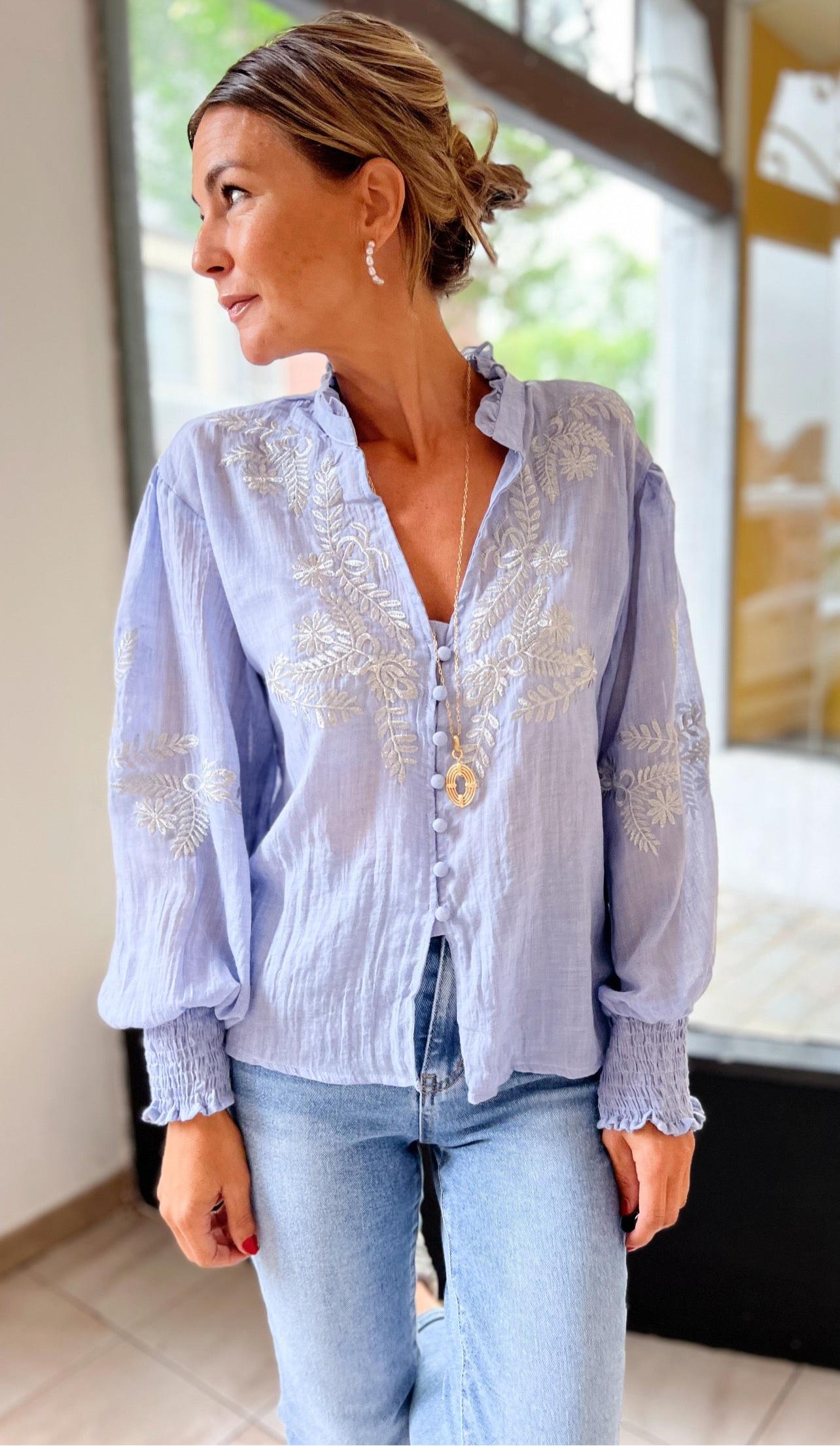 VICCI BLOUSE ZILVER/BLAUW