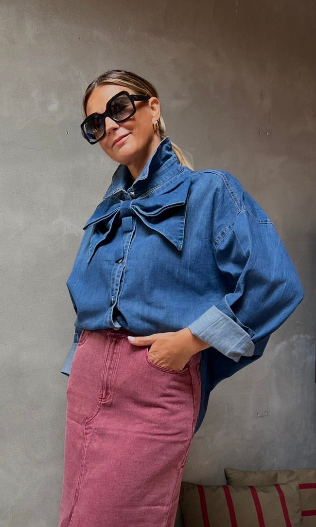 DENIM BOW BLOUSE