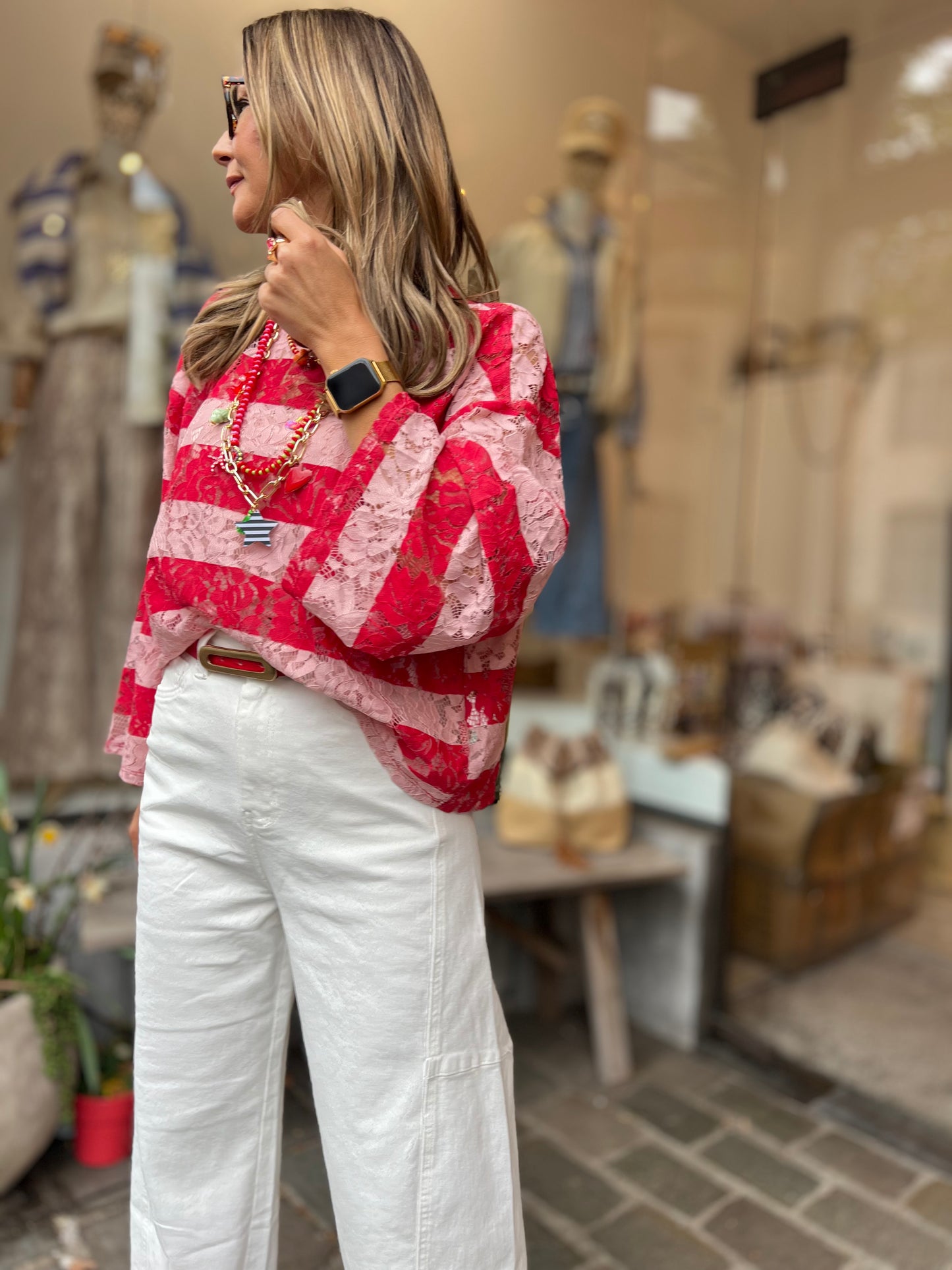 LIZ LACE SHIRT RED/ROSÉ