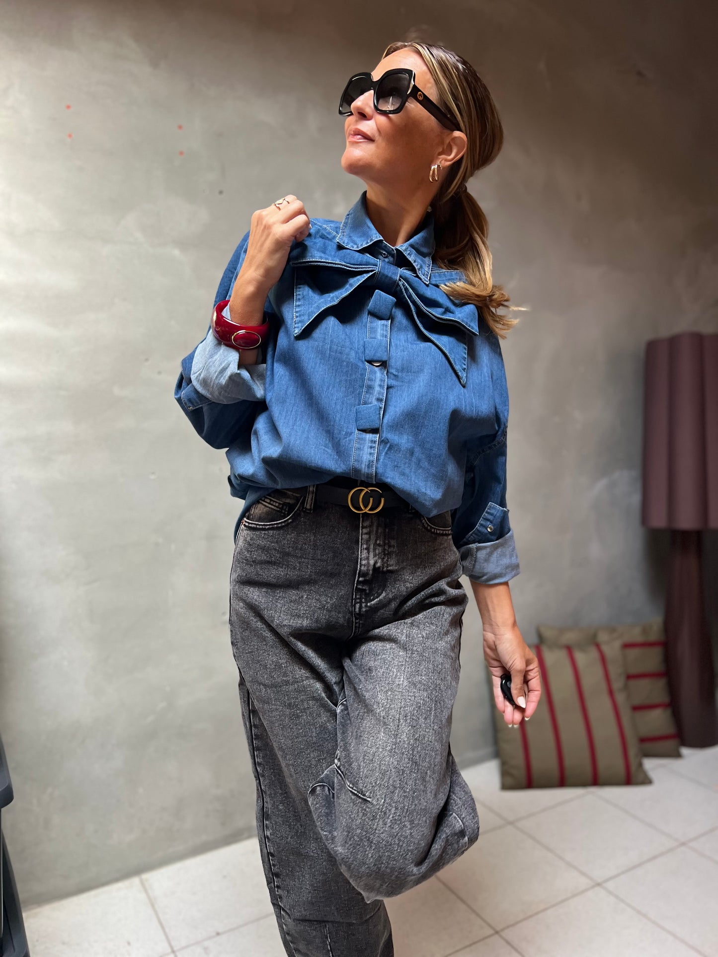 DENIM BOW BLOUSE