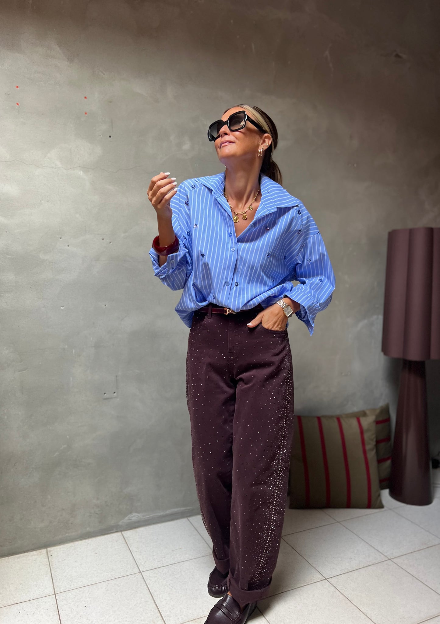 ELODIE RHINESTONE BARREL PANTS