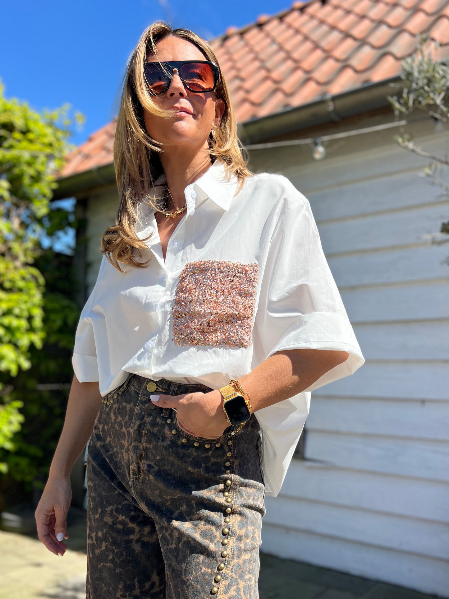WHITE SEQUIN GOLD BLOUSE