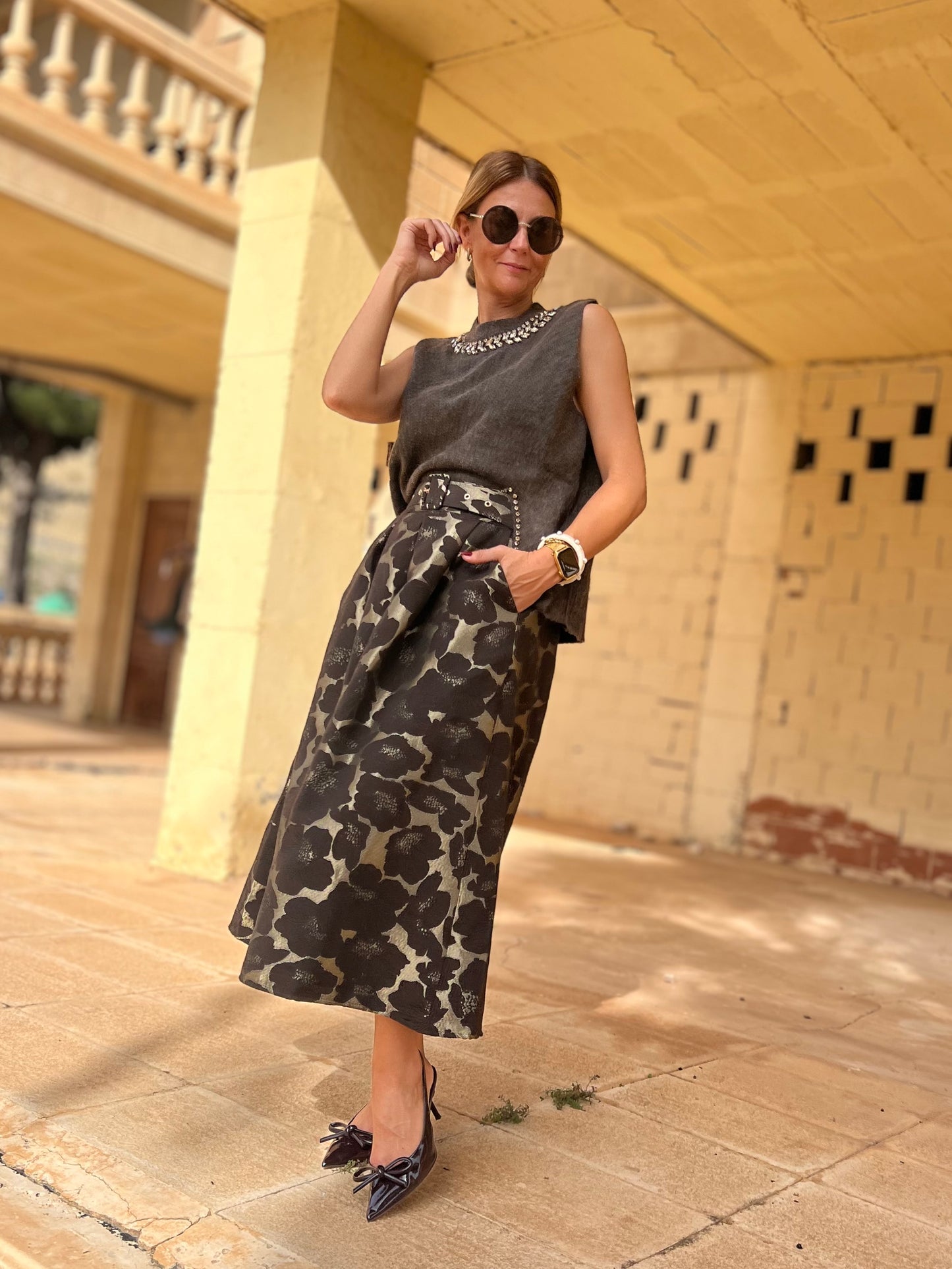 FLORAL JACQUARD MIDI SKIRT