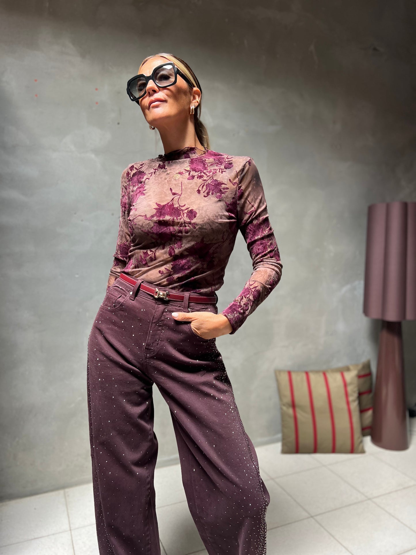 FLORAL MESH TOP BURGUNDY