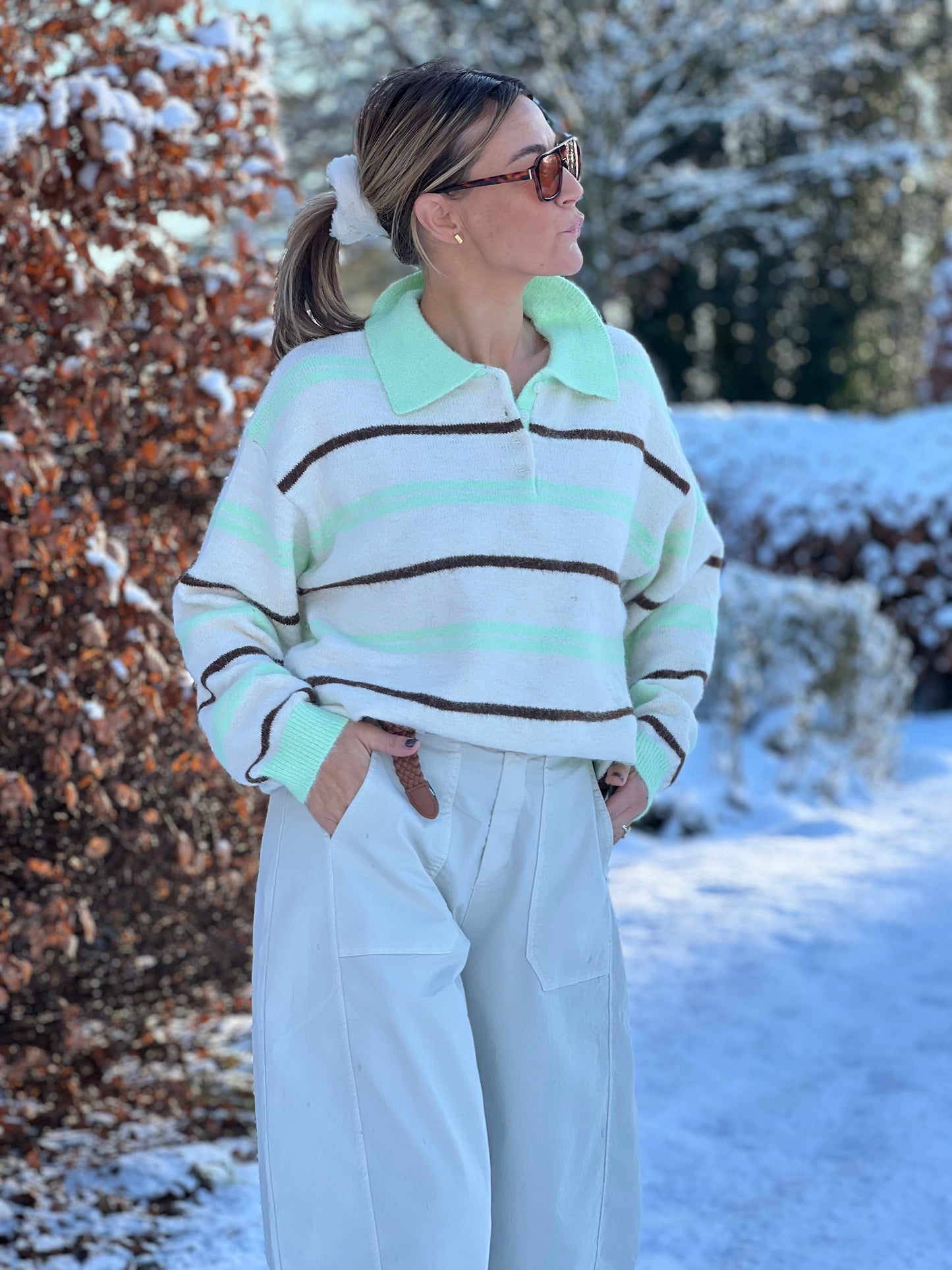 SALM KNITTED POLOSHIRT groen/beige