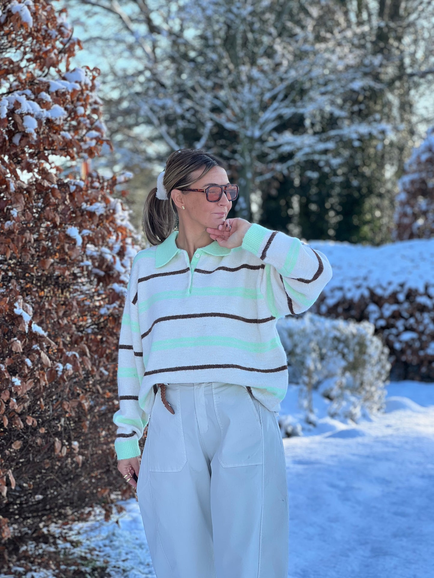 SALM KNITTED POLOSHIRT groen/beige