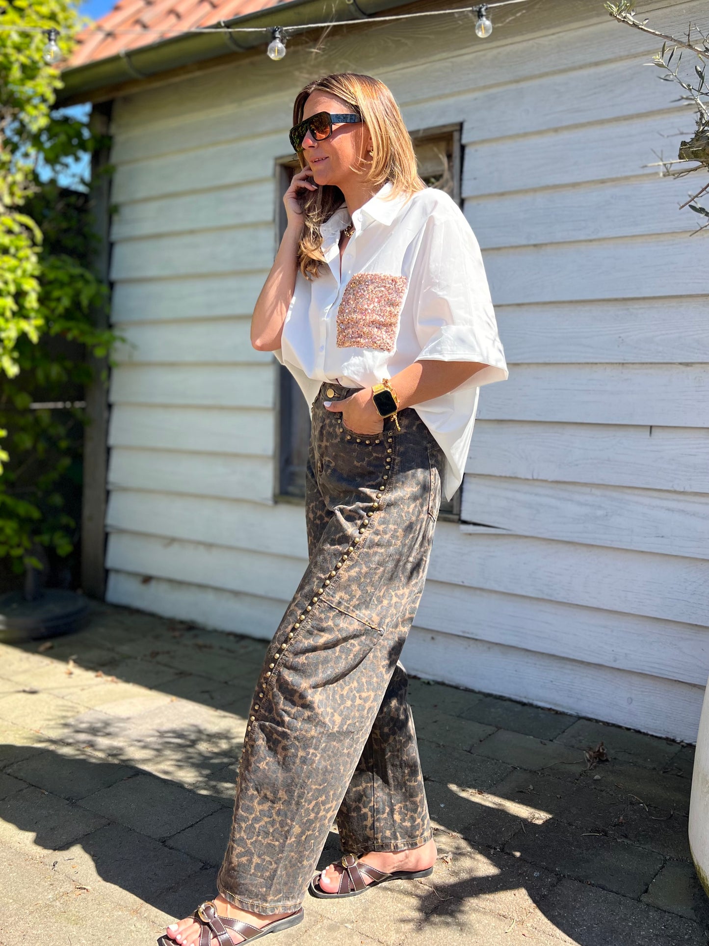 LÉOPARD STUDDED BARREL PANTS