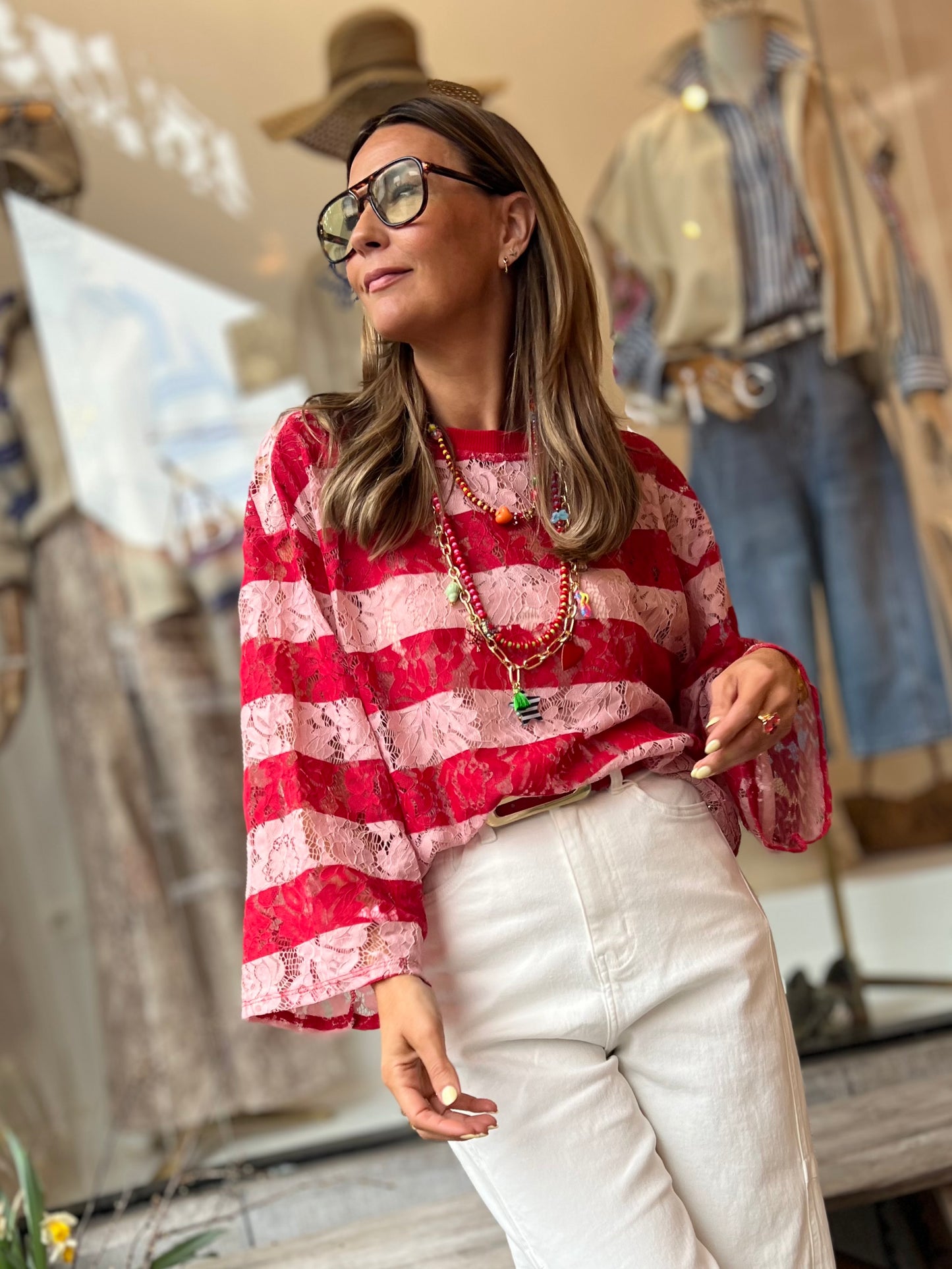 LIZ LACE SHIRT RED/ROSÉ