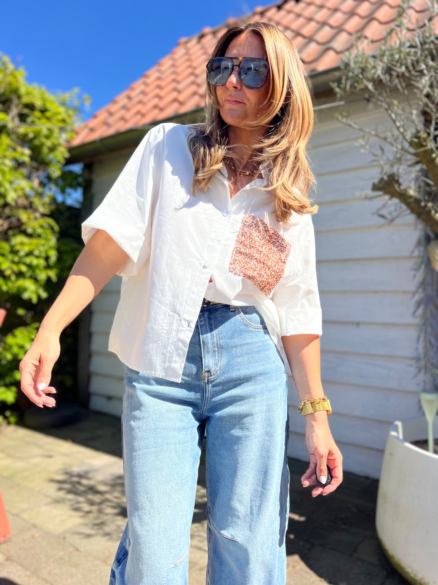 WHITE SEQUIN GOLD BLOUSE