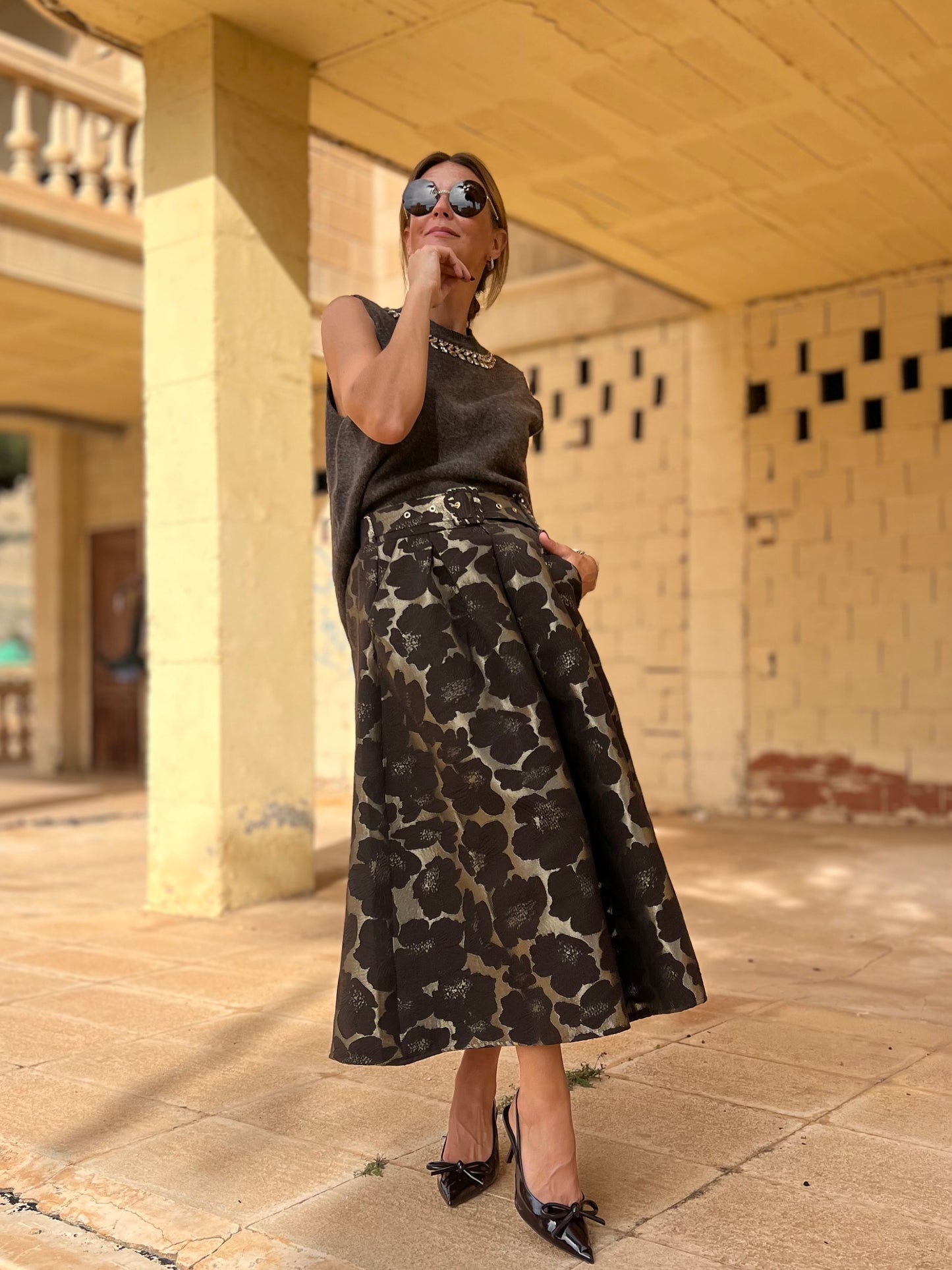 FLORAL JACQUARD MIDI SKIRT