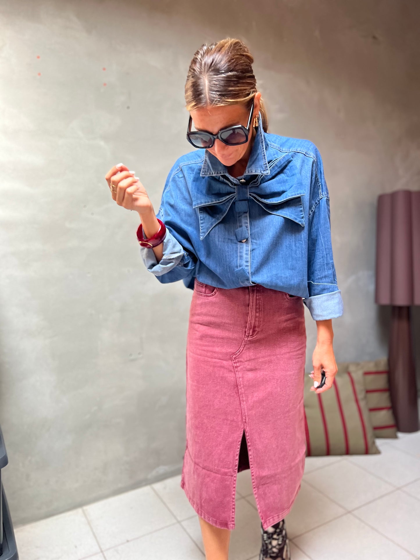 DENIM BOW BLOUSE